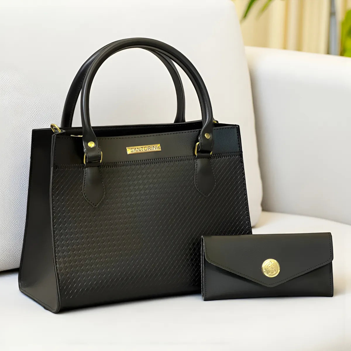 Kit Bolsa Feminina de Mão e Carteira – Couro Sintético Premium, Alça Transversal e Detalhes Dourados