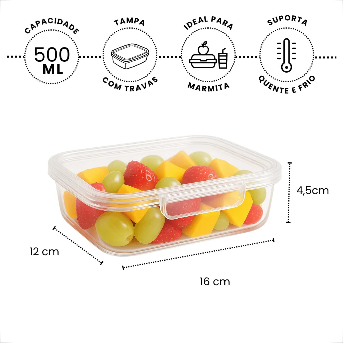Kit 10 Marmitas 500ml com Trava Livre de BPA para Freezer e Microondas