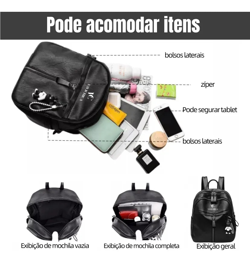 Mochila Feminina Vavichica Moderna, Espaçosa e Estilosa com Pingente de Urso