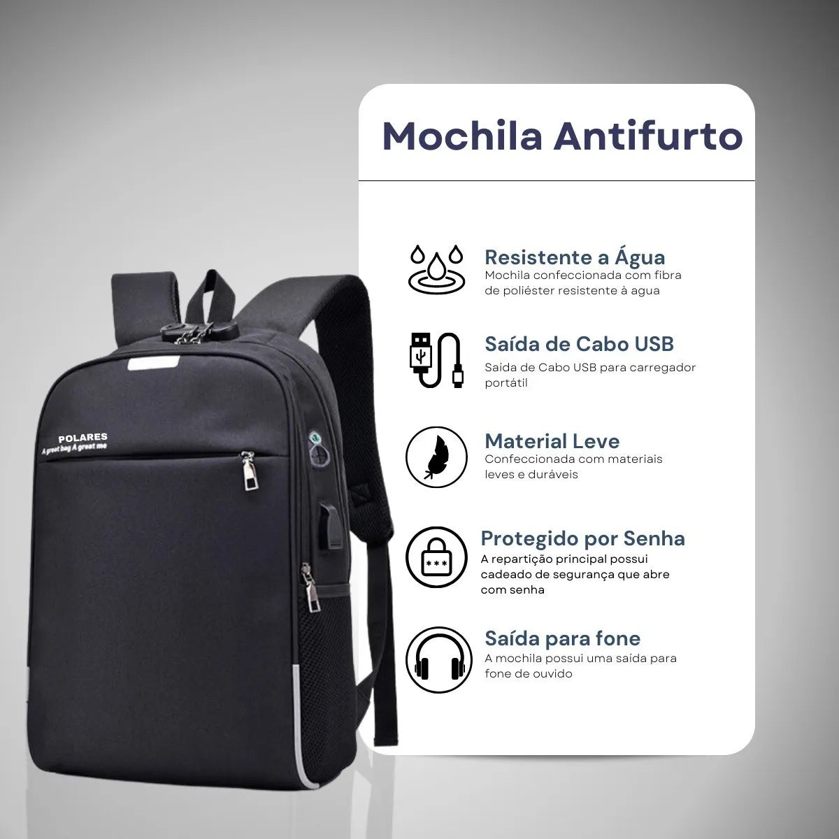 Mochila Anti Furto Polares para Notebook – Saída USB, Entrada para Fone e Design Moderno