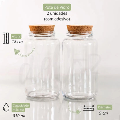 Kit 2 Potes de Vidro 810ml com Tampa de Rolha Estilo Cantinho do Café