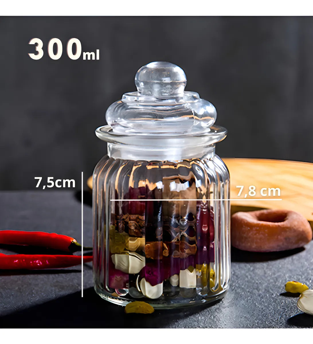 Kit 3 Potes de Vidro com Tampa Hermética 300ml Premium para Temperos e Mantimentos