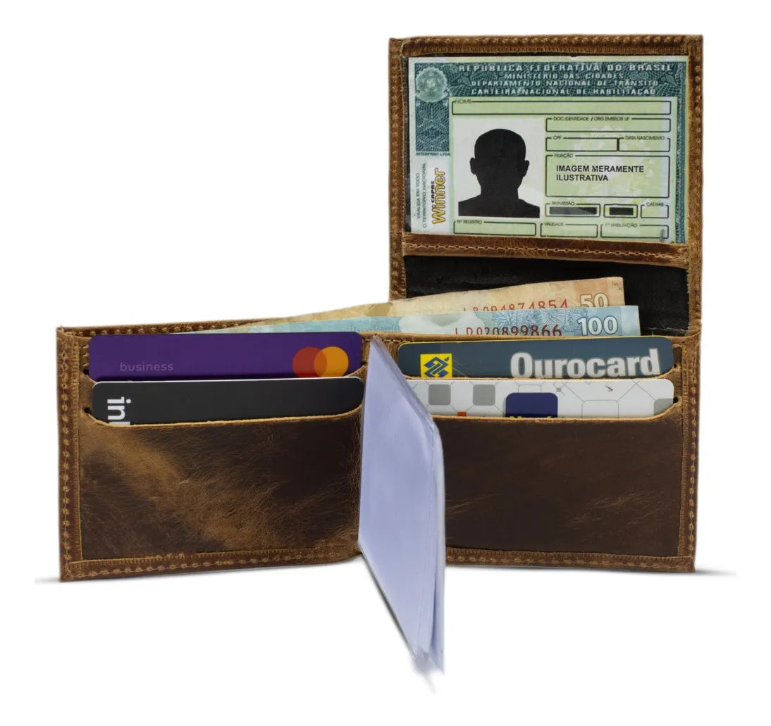 Carteira Masculina Couro Legítimo Estilo Vintage Slim Porta Cartões e CNH