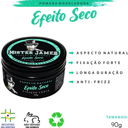 Pomada Modeladora Efeito Seco Mister James 90g Fixação Forte Anti-Frizz