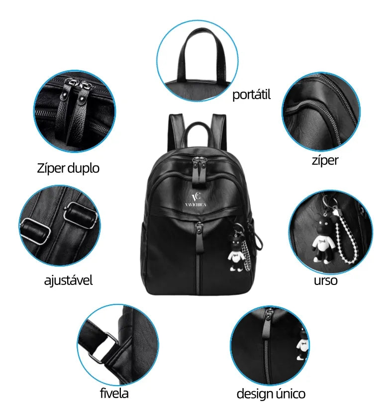 Mochila Feminina Vavichica Moderna, Espaçosa e Estilosa com Pingente de Urso
