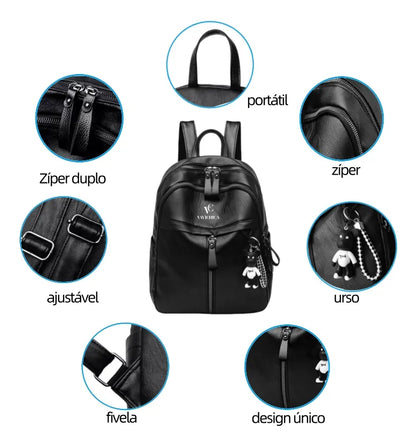 Mochila Feminina Vavichica Moderna, Espaçosa e Estilosa com Pingente de Urso