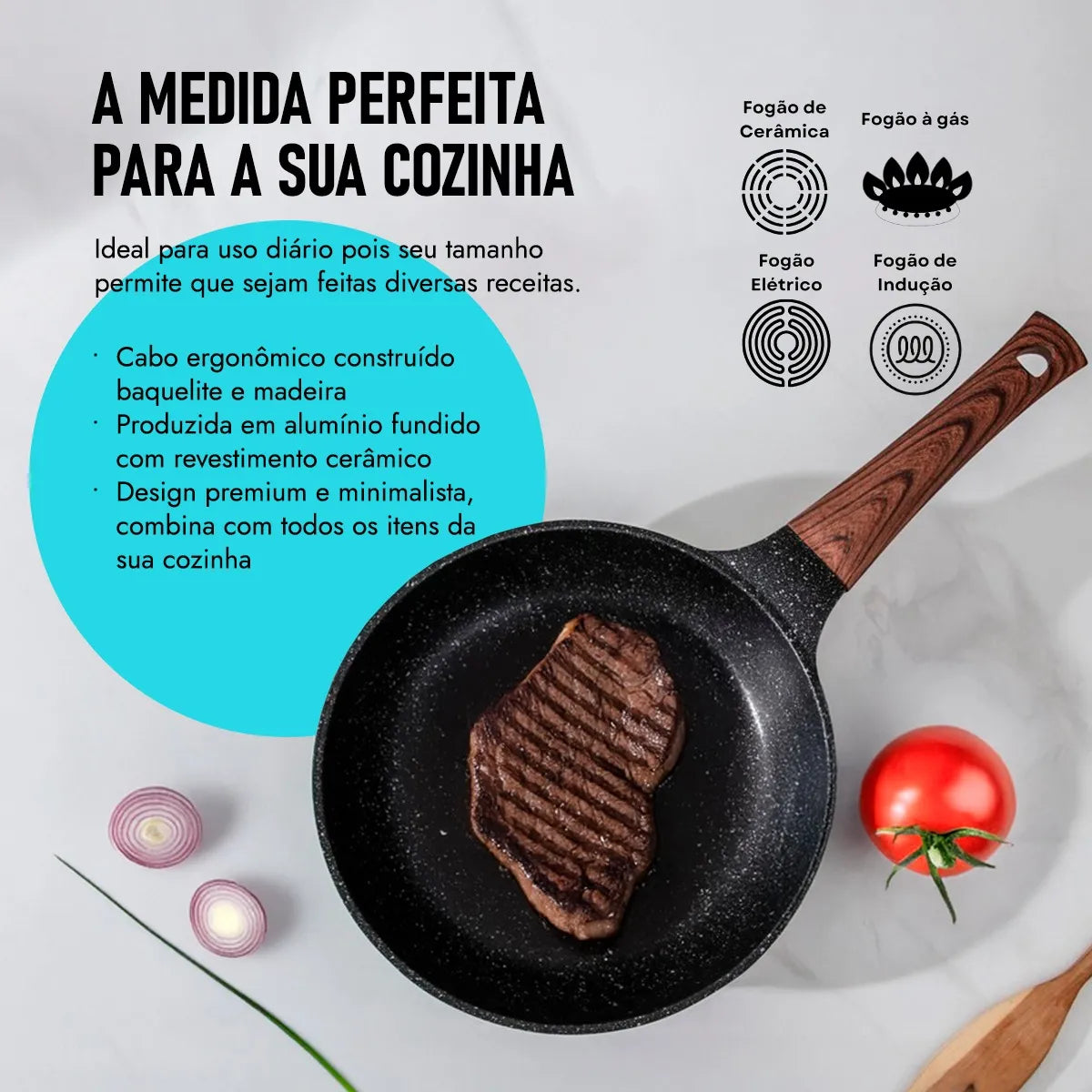 Frigideira Cerâmica Antiaderente Premium  Cabo Imitando Madeira – Para Fogão, Gás e Indução