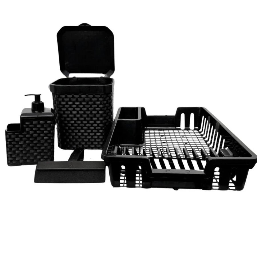 Kit Completo para Cozinha 4 em 1 Escorredor + Lixeira 5L + Porta Detergente + Rodinho – Design Moderno