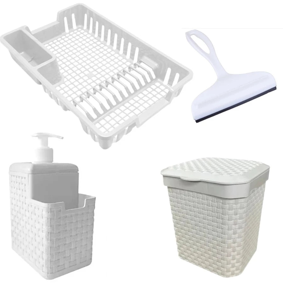 Kit Completo para Cozinha 4 em 1 Escorredor + Lixeira 5L + Porta Detergente + Rodinho – Design Moderno
