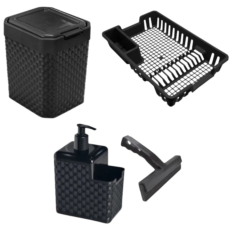 Kit Completo para Cozinha 4 em 1 Escorredor + Lixeira 5L + Porta Detergente + Rodinho – Design Moderno